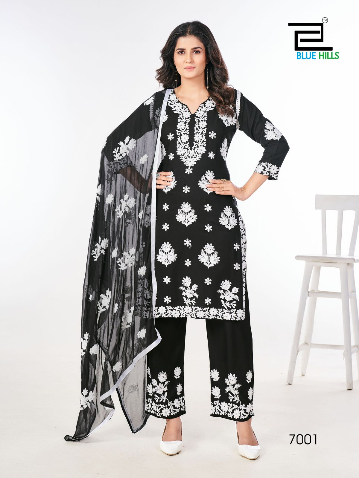 Blue Hills Black N White Vol 7 Rayon Kurti Bottom With Dupatta