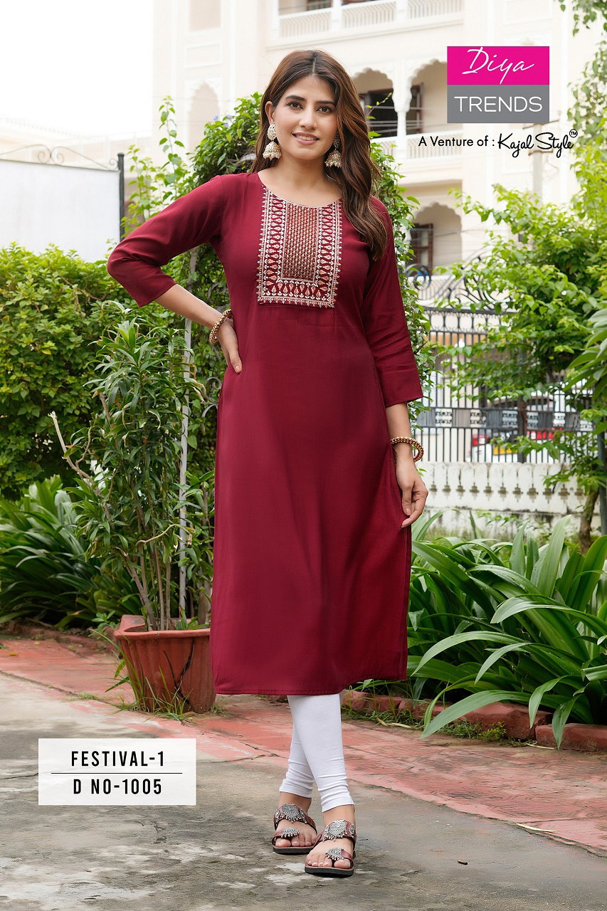 Diya Trends Festival Vol 1 Roman Silk Fancy Embroidery Kurti Wholesale Collection
