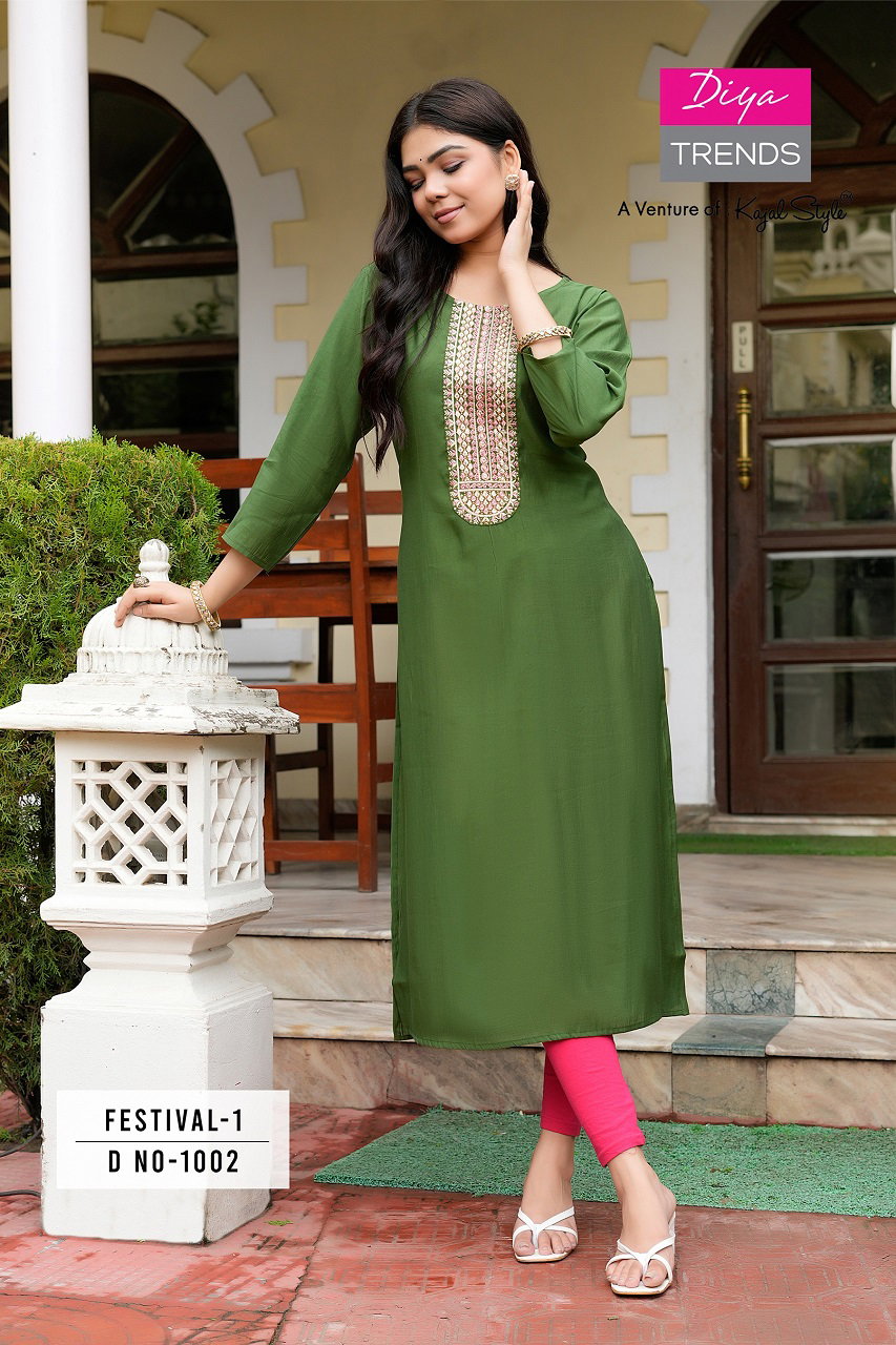 Diya Trends Festival Vol 1 Roman Silk Fancy Embroidery Kurti Wholesale Collection