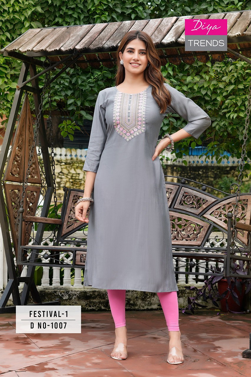 Diya Trends Festival Vol 1 Roman Silk Fancy Embroidery Kurti Wholesale Collection