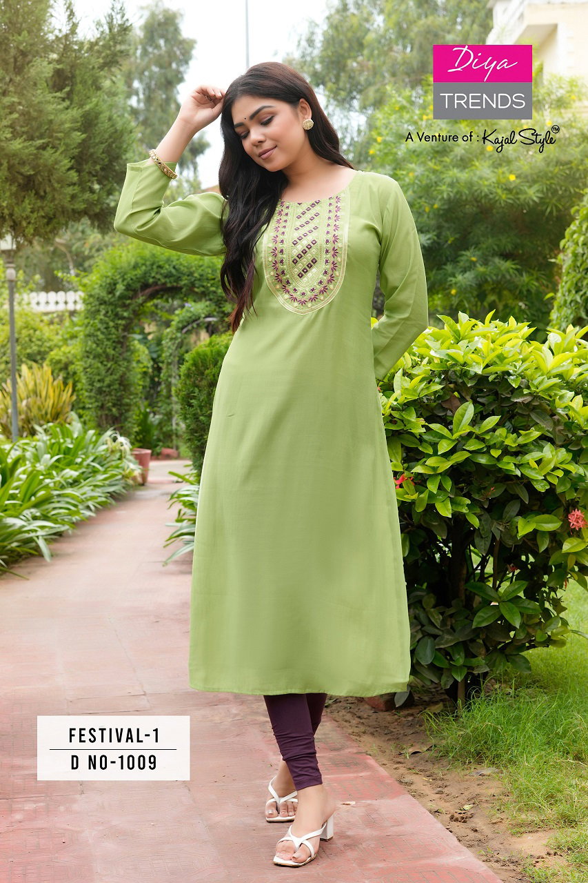 Diya Trends Festival Vol 1 Roman Silk Fancy Embroidery Kurti Wholesale Collection