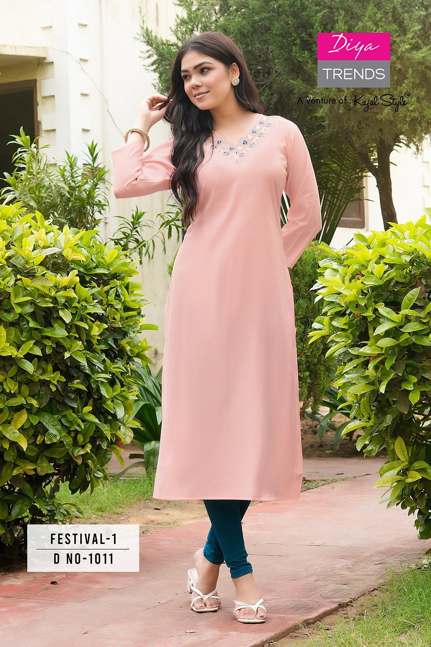 Diya Trends Festival Vol 1 Roman Silk Fancy Embroidery Kurti Wholesale Collection