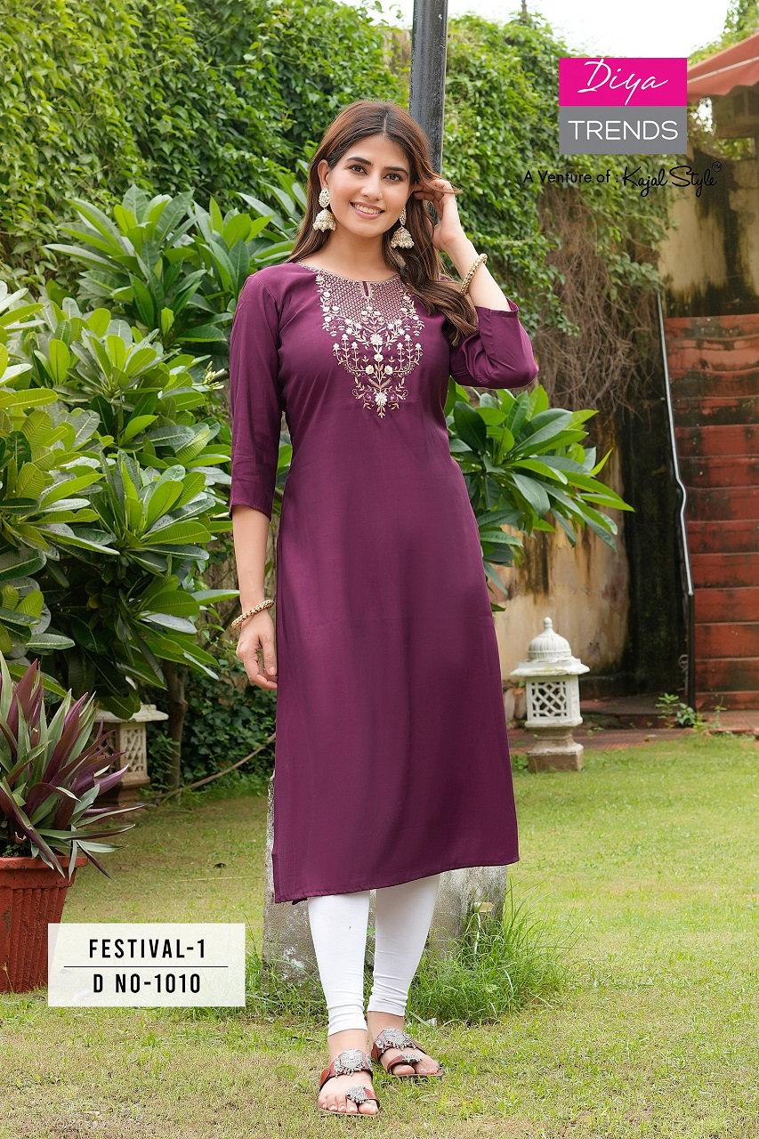 Diya Trends Festival Vol 1 Roman Silk Fancy Embroidery Kurti Wholesale Collection