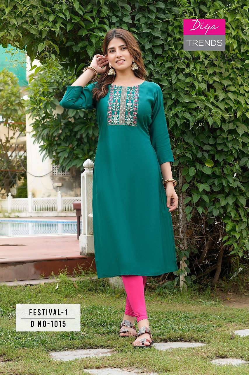 Diya Trends Festival Vol 1 Roman Silk Fancy Embroidery Kurti Wholesale Collection