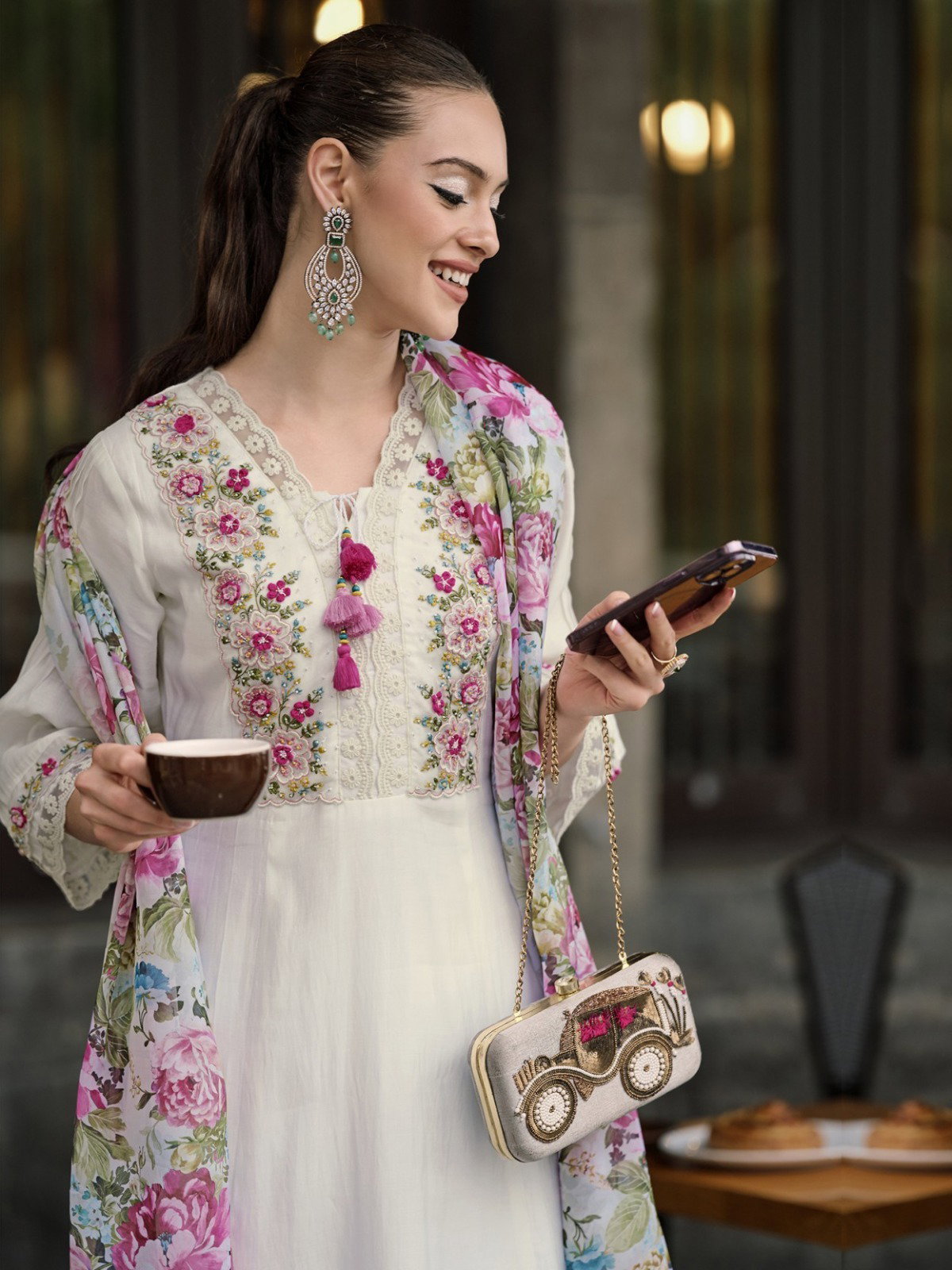 K2 White Chanderi Kurti Bottom With Dupatta Collection