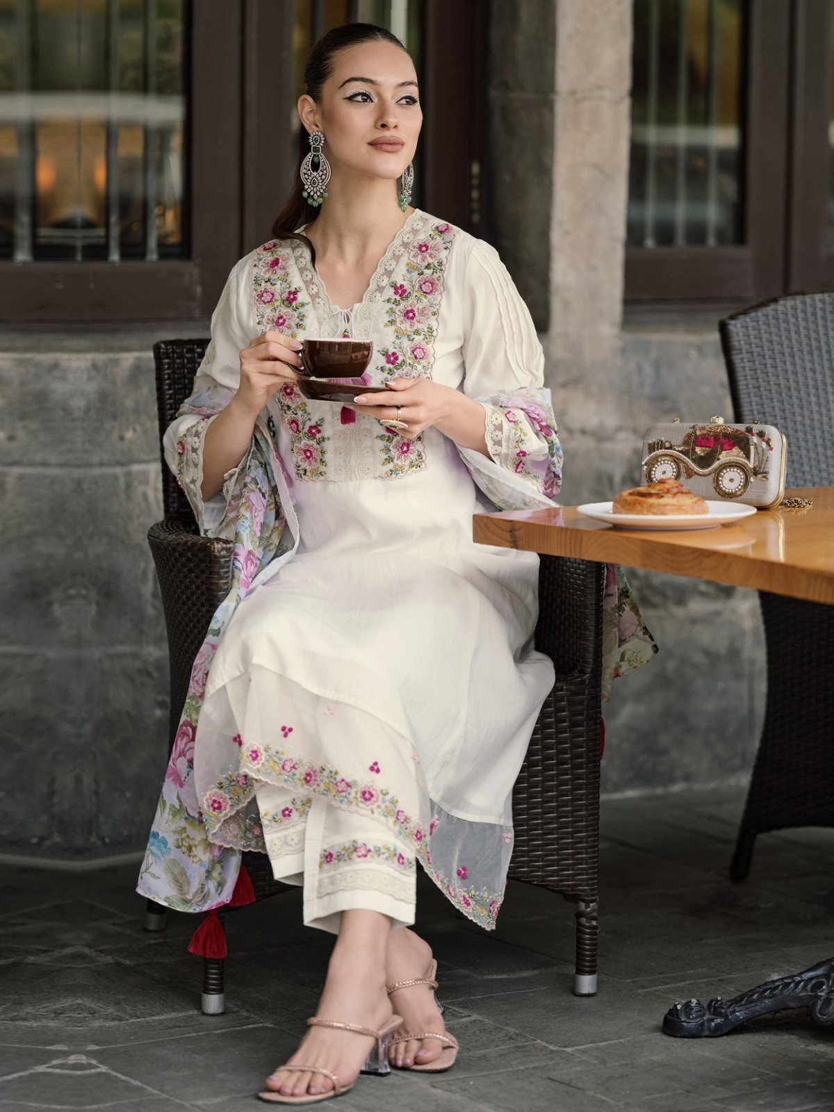 K2 White Chanderi Kurti Bottom With Dupatta Collection