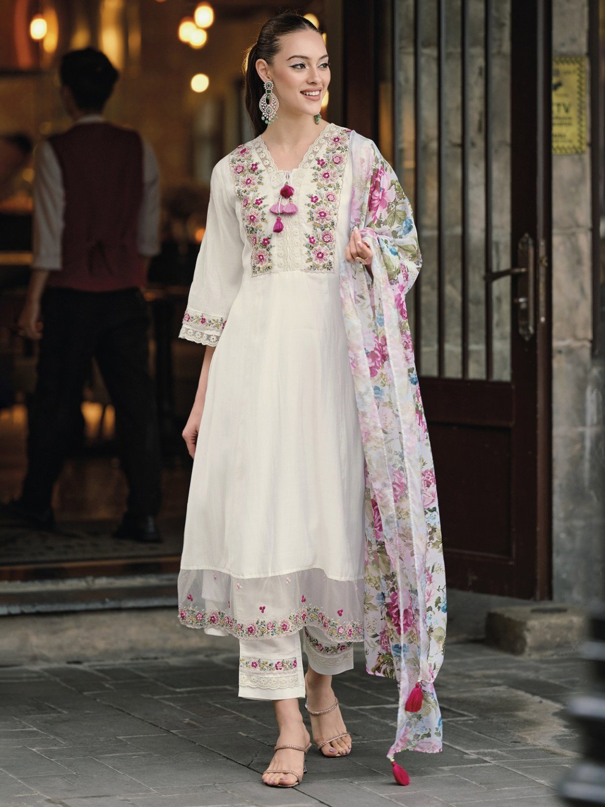 K2 White Chanderi Kurti Bottom With Dupatta Collection
