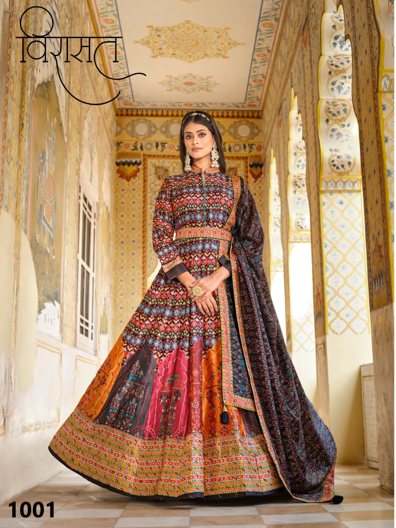 Virasat Vol Merigold Cherry Silk Designer Gown Collection