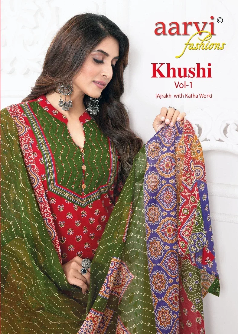Aarvi Khushi Vol 1 Cotton Ajrakh Printed Kurti Bottom With Dupatta