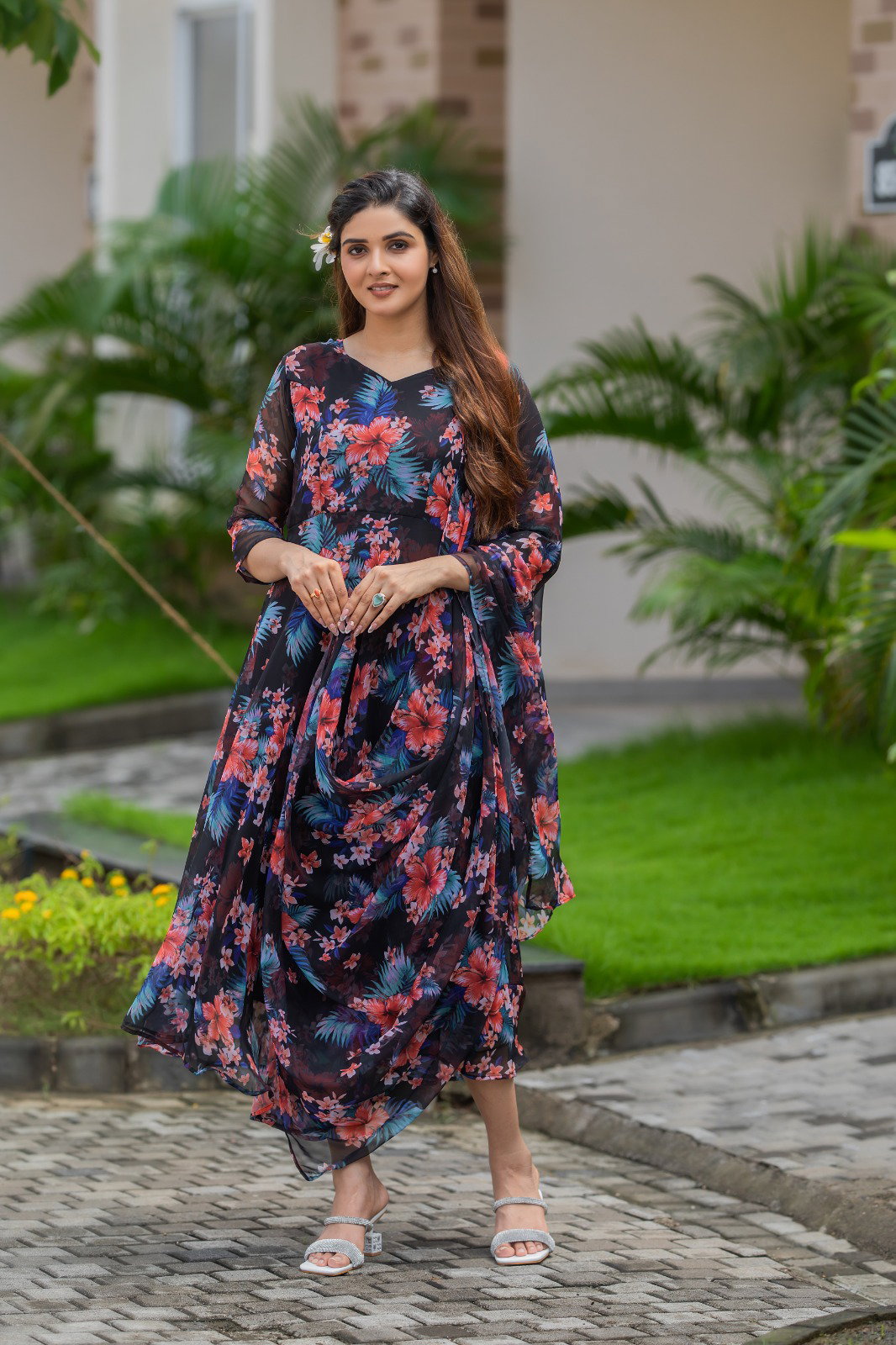 NK 6113 Georgette Printed Gown With Dupatta Collection