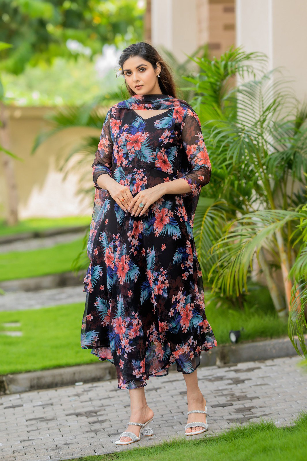 NK 6113 Georgette Printed Gown With Dupatta Collection