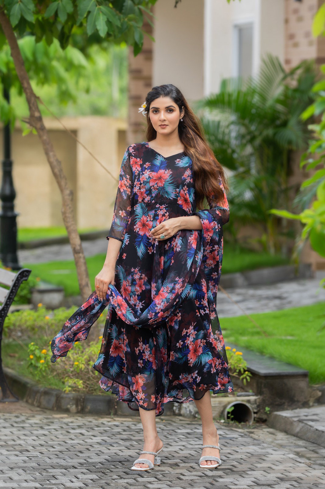 NK 6113 Georgette Printed Gown With Dupatta Collection