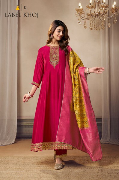 Label Khoj Bandhej Fancy Kurti Bottom With Dupatta Collection