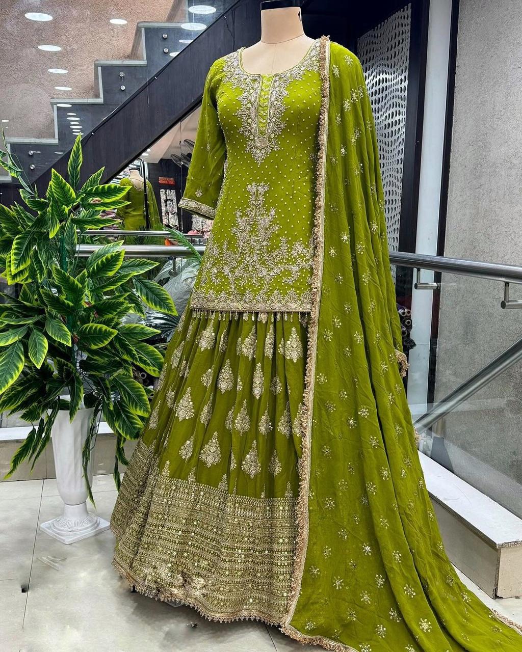 Mehendi Special Designer Chinon Crop Top With Lehenga Collection