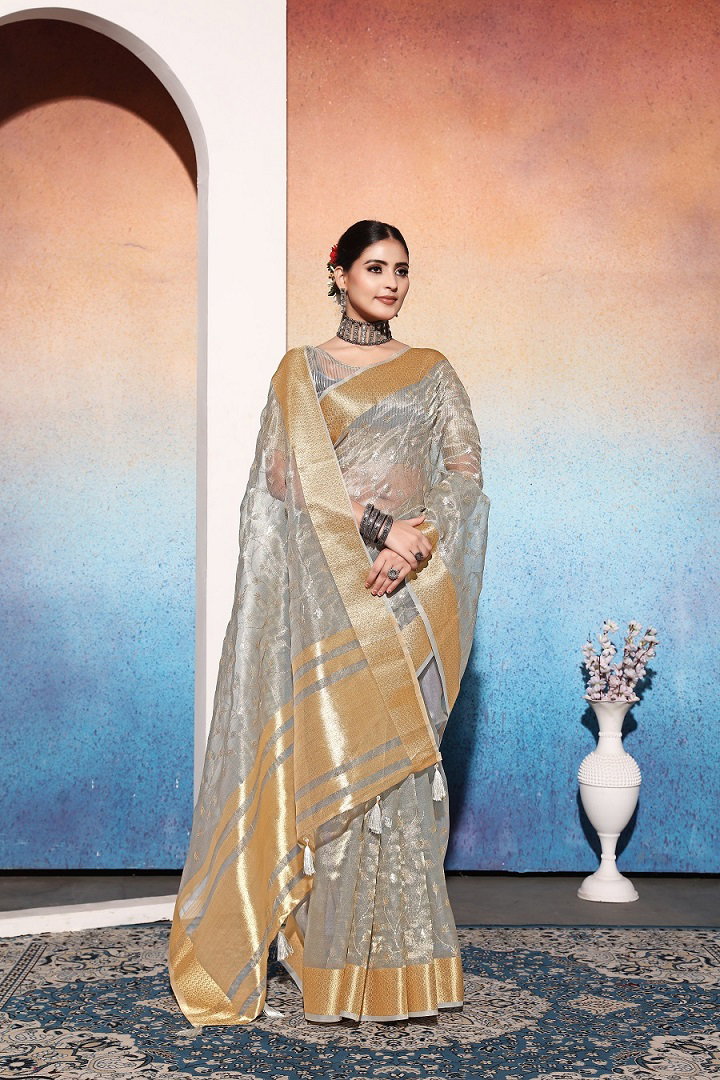 Party Wear Embroidery Worked Tissue Cotton Silk Saree with Un Stitched Blouse 