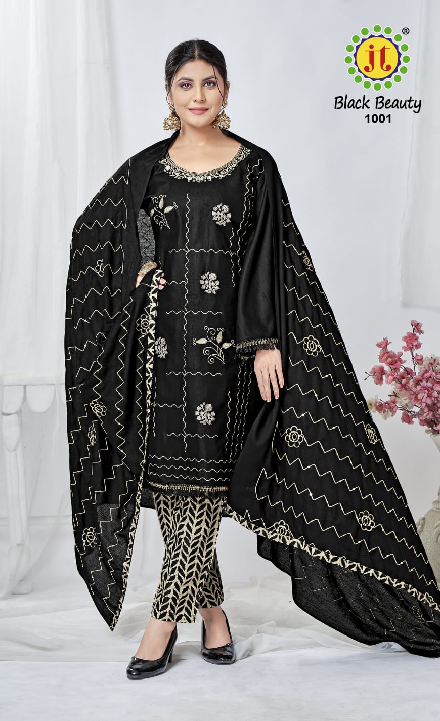 Jt Black Beauty Rayon Embroidered Dress Material Collection