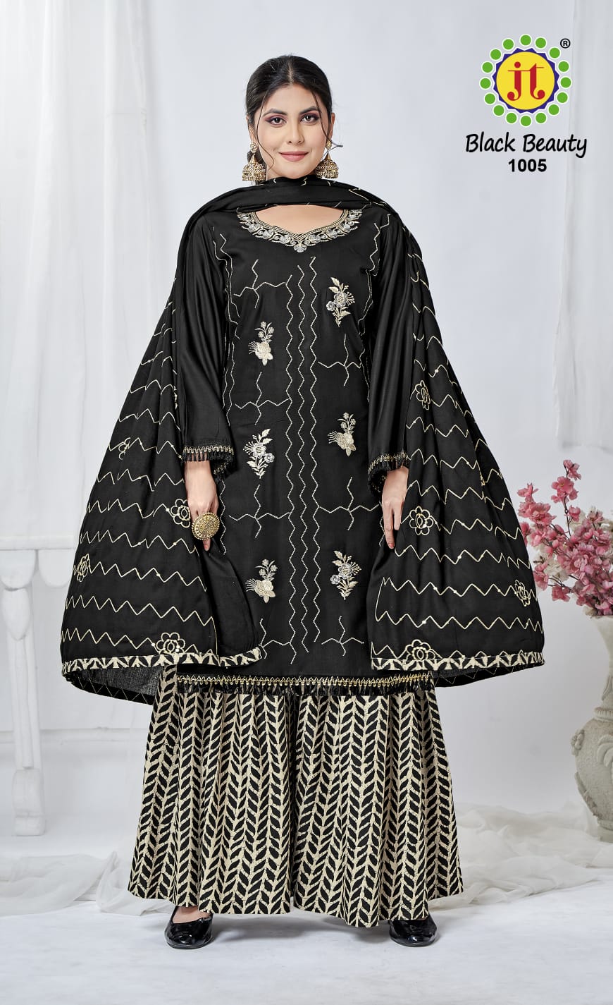 Jt Black Beauty Rayon Embroidered Dress Material Collection