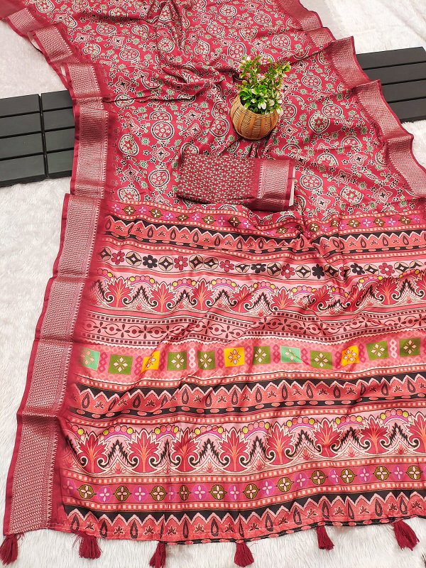 Party Wear Kalamkari Printed Dhola Silk Saree with Un Stitched Blouse