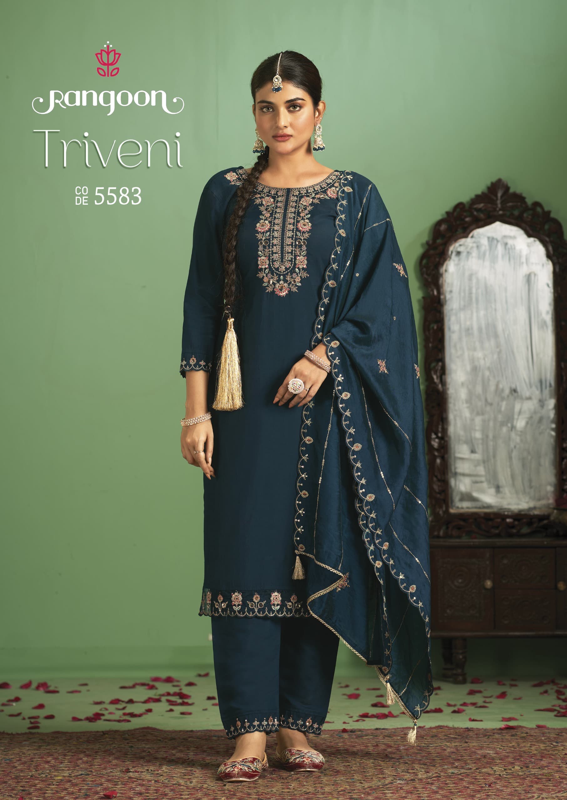 Rangoon Triveni Embroidery Silk Kurti Bottom With Dupatta
