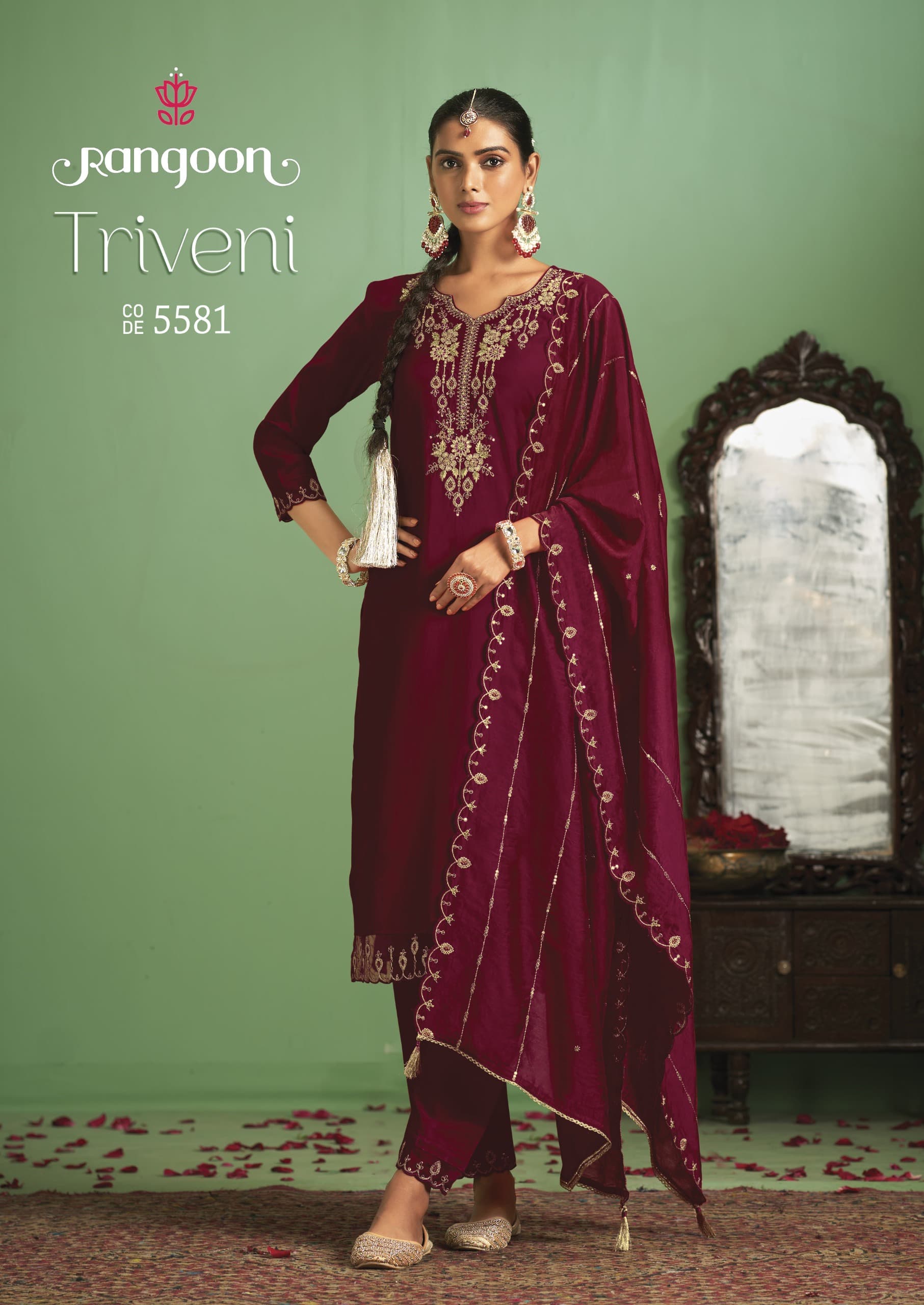 Rangoon Triveni Embroidery Silk Kurti Bottom With Dupatta