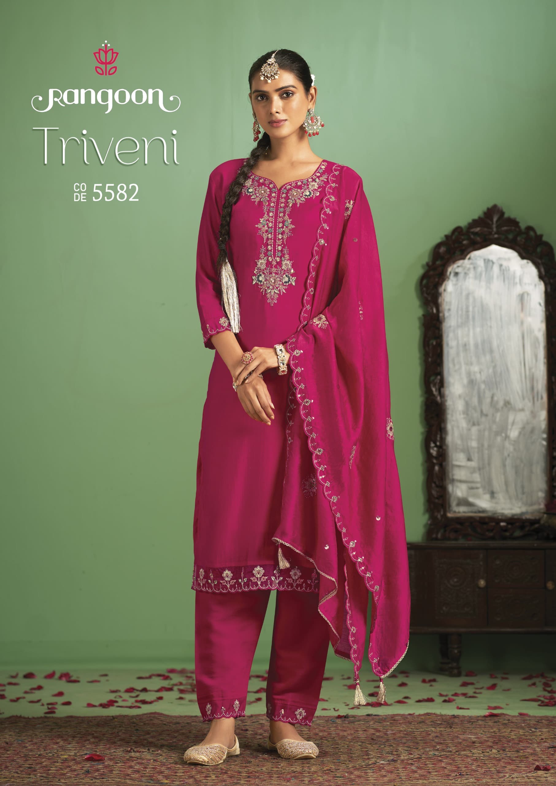 Rangoon Triveni Embroidery Silk Kurti Bottom With Dupatta