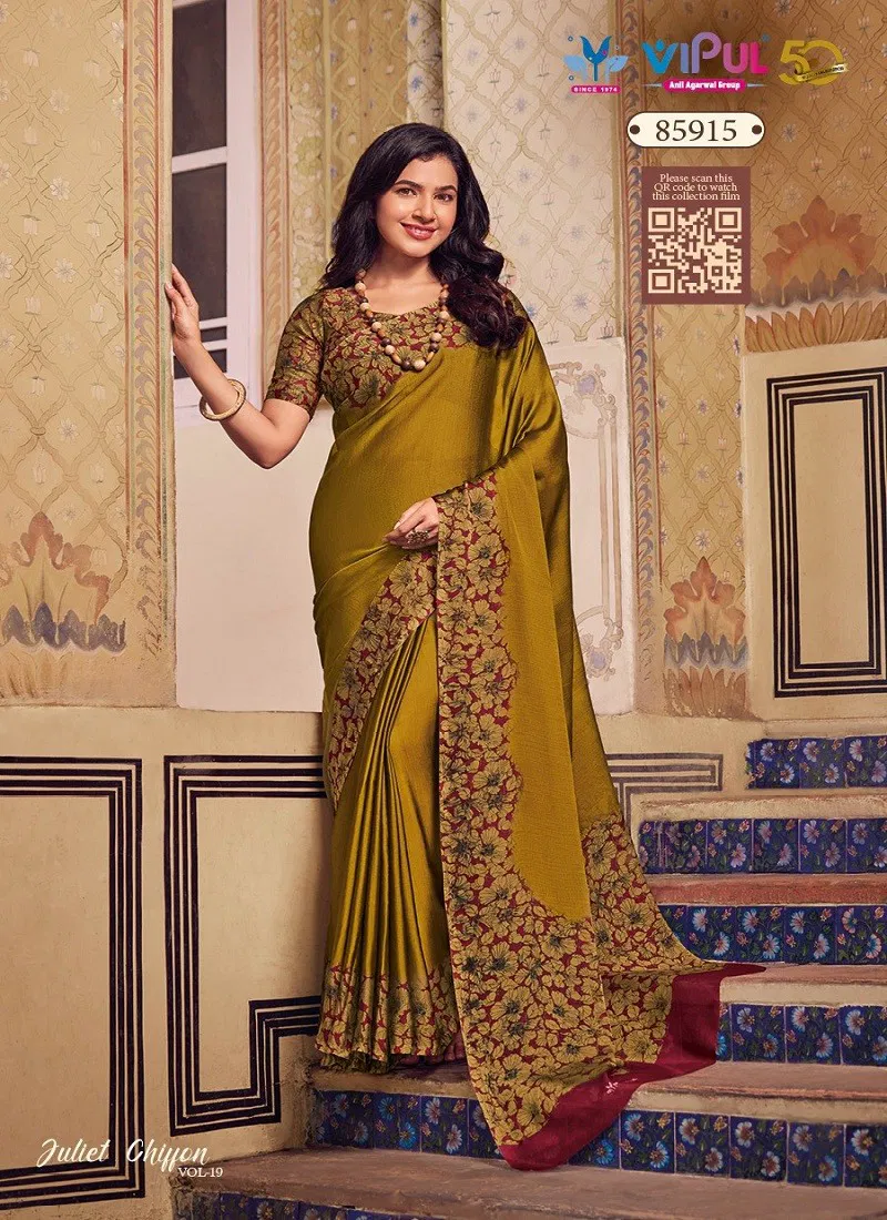 Mehendi Colour Juliet 85915 Chiffon Vol 19 By Vipul Wholesale Saree