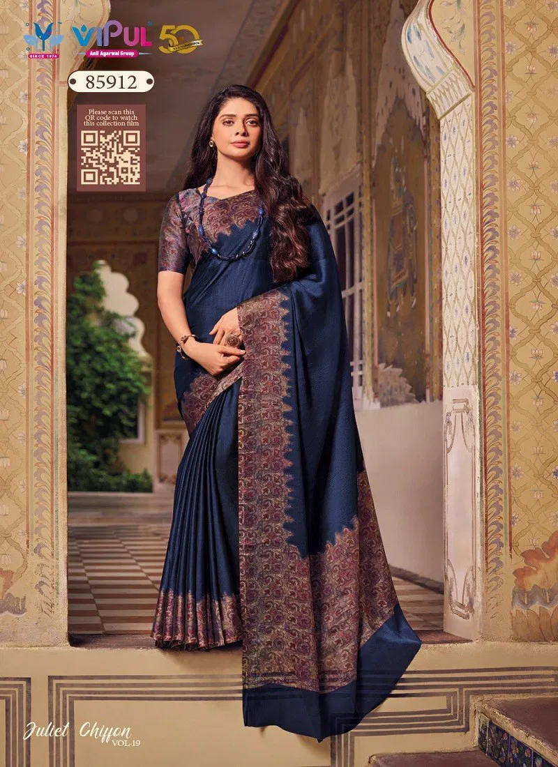 Navy Colour Juliet 85912 Chiffon Vol 19 By Vipul Wholesale Saree