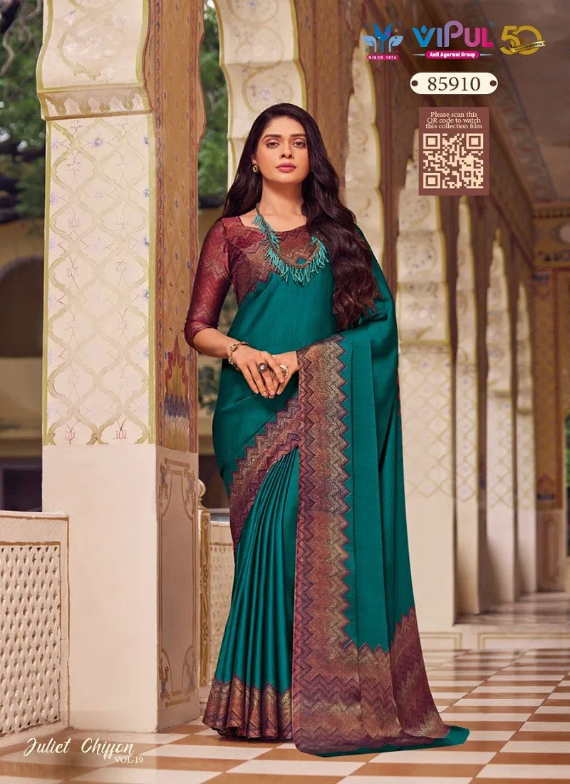 Firozi Colour Juliet 85910 Chiffon Vol 19 By Vipul Wholesale Saree