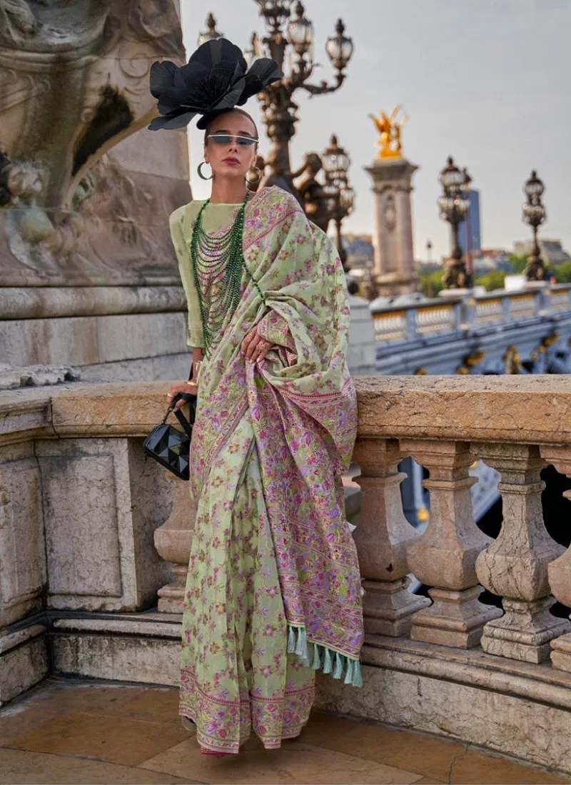 Pista Colour Kaarsi Silk By Rajtex 346003 Organza Parsi Handloom Weaving Saree