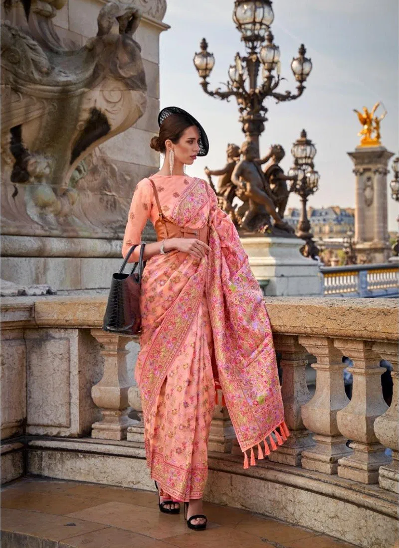Peach Colour Kaarsi Silk By Rajtex 346002 Organza Parsi Handloom Weaving Saree