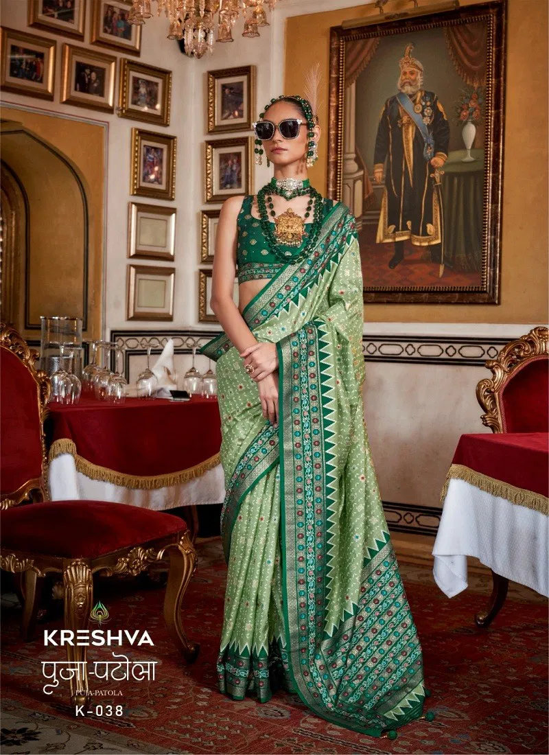 Pista And Green Colour Puja Patola By Kreshva K-038 Sigma Silk Saree