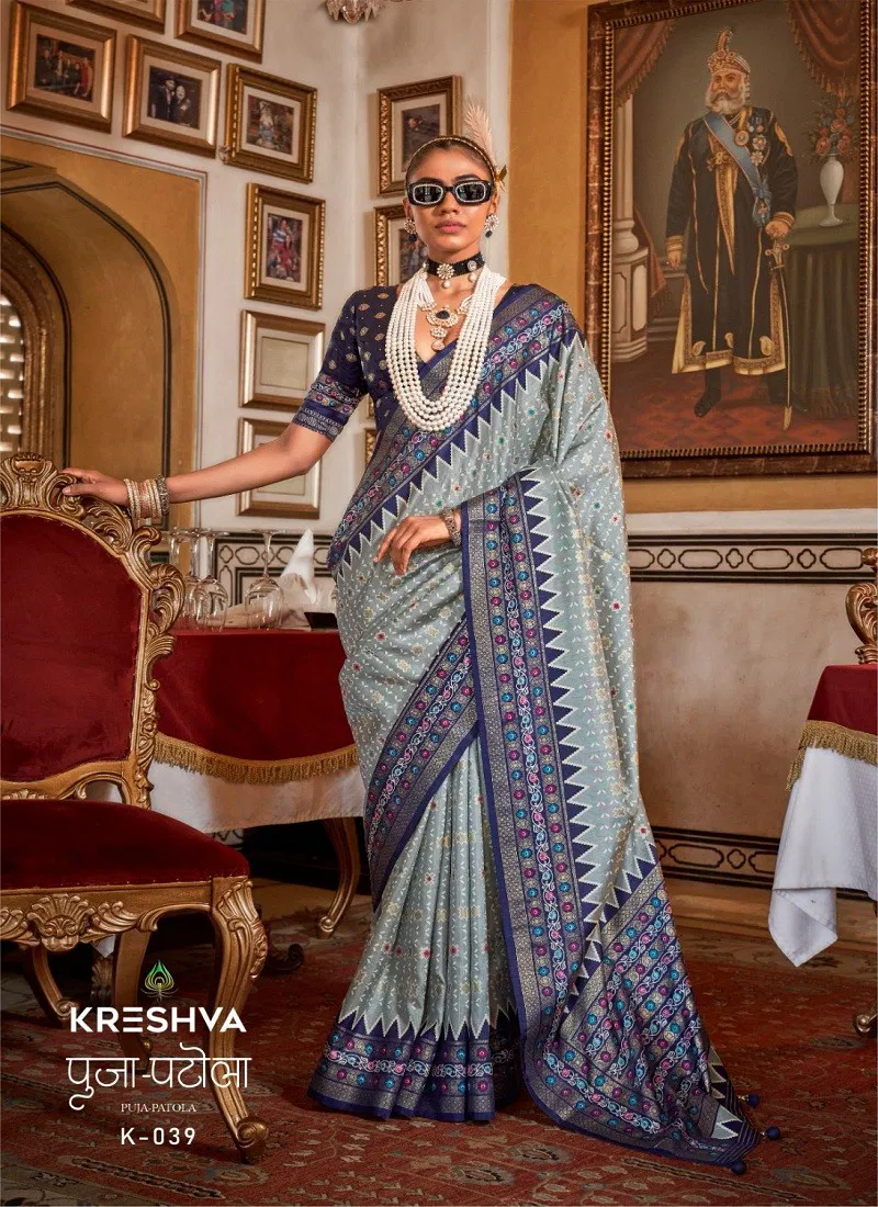 Blue And Grey Colour Puja Patola By Kreshva K-039 Sigma Silk Saree 