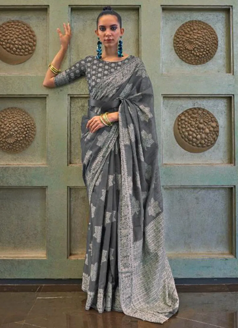 Gray Colour Kshenaz 307002 Lucknowi Fancy Wear Printed Sarees 307002