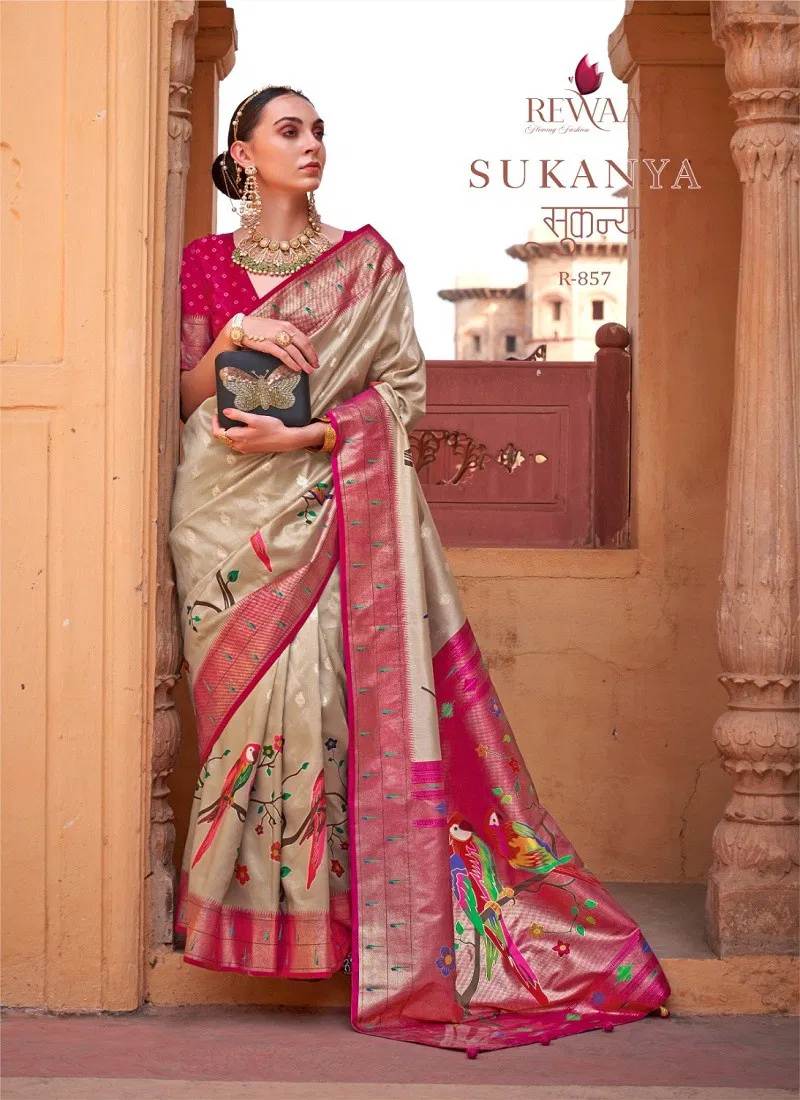 Pink And Beige Colour Sukanya By Rewaa 857 Printed Saree