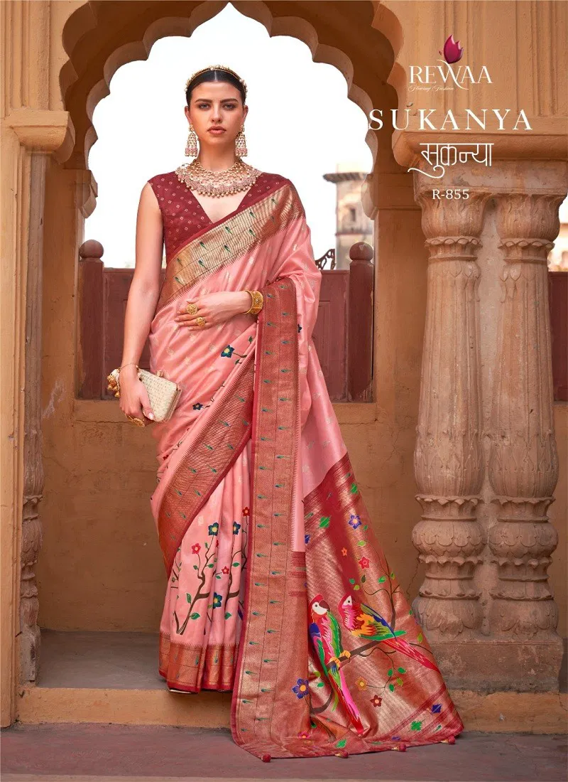 Pink And Red Colour Sukanya By Rewaa 855 Printed Saree