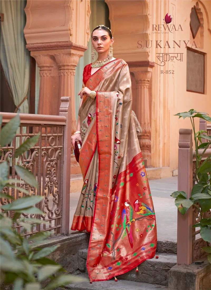 Beige And Red Colour Sukanya By Rewaa 852 Printed Saree 