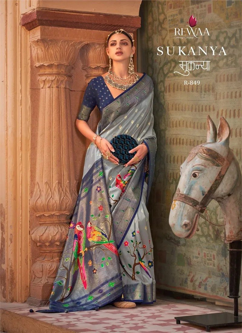 Blue And Gray Colour Sukanya By Rewaa 849 Printed Saree