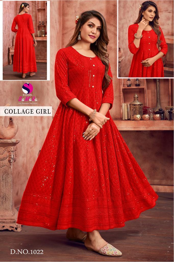 Samara College Girl 1022 Red Rayon Shiffli Work Long Kurti Collection