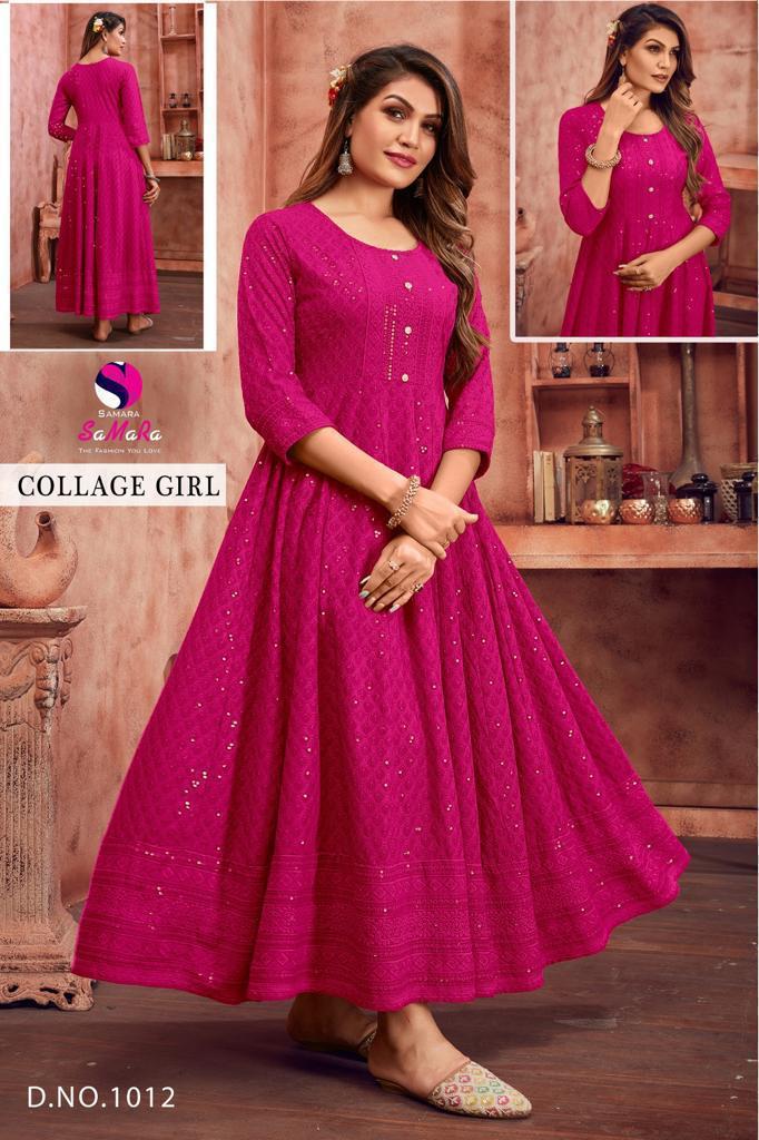 Samara College Girl D 1012 Rani Rayon Shiffli Work Long Kurti Collection