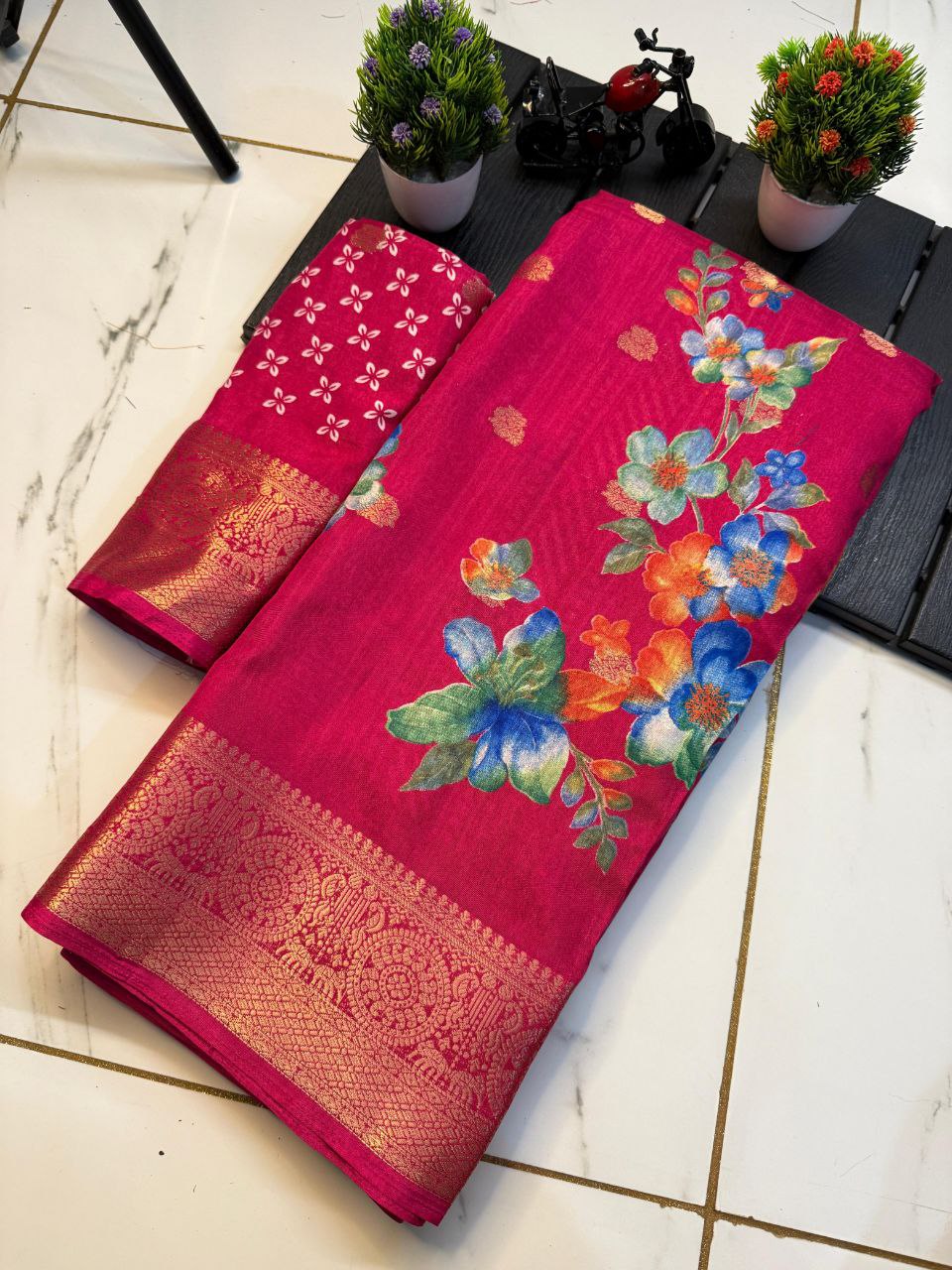 Party Wear Digital Printed Dhola Silk Saree with Jacquard Border 