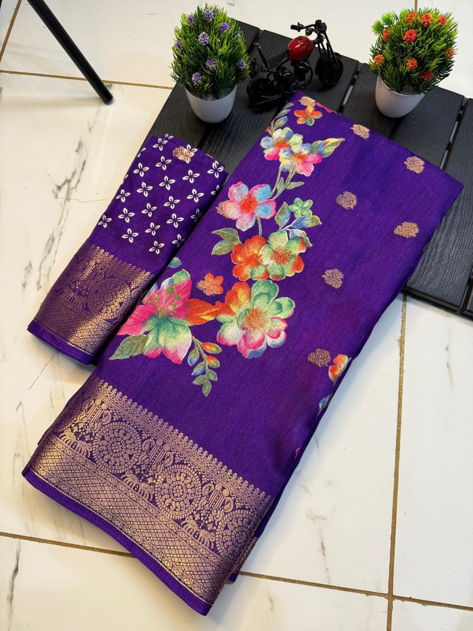 Party Wear Digital Printed Dhola Silk Saree with Jacquard Border 