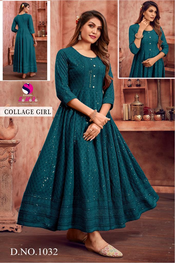 Samara College Girl D 1032 Rayon Shiffli Work Long Kurti Collection