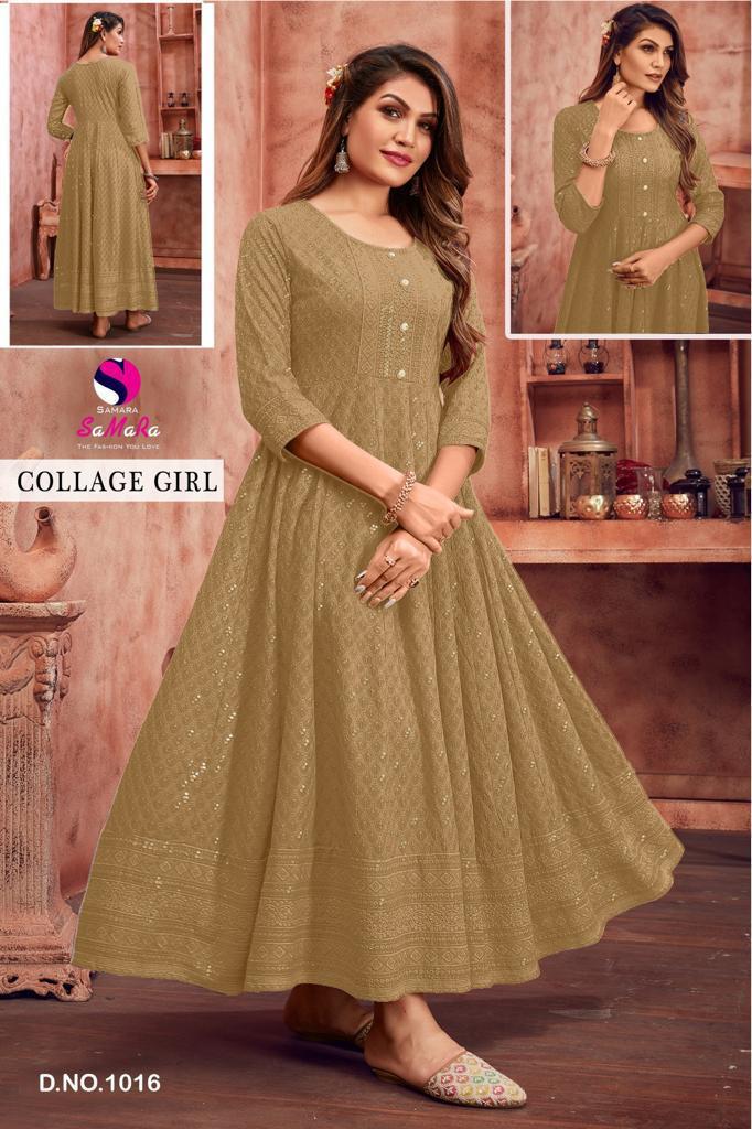 Samara College Girl D 1016 Beige Rayon Shiffli Work Long Kurti Collection
