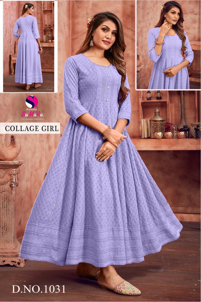 Samara College Girl D 1031 Lavender Rayon Shiffli Work Long Kurti Collection