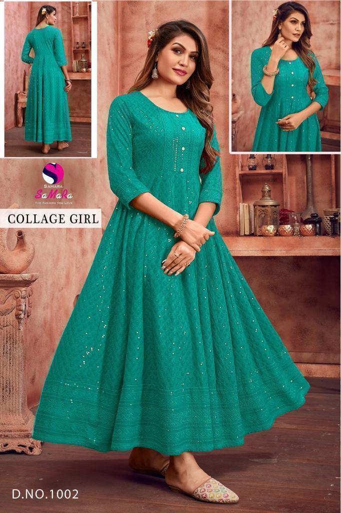 Samara College Girl D 1002 Rayon Shiffli Work Long Kurti Collection