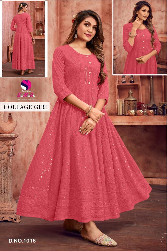 Samara College Girl D 1016 Pink Rayon Shiffli Work Long Kurti Collection