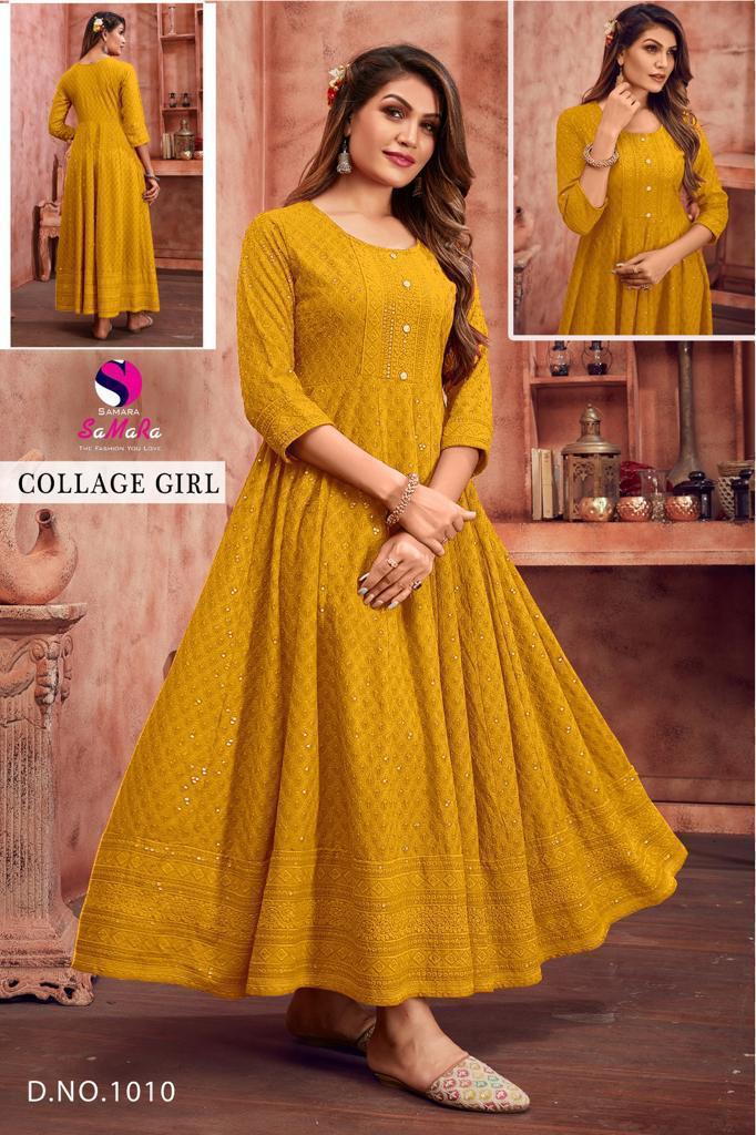 Samara College Girl D 1010 Mustard Rayon Shiffli Work Long Kurti Collection