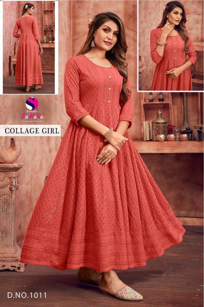Samara College Girl D 1011 Rayon Shiffli Work Long Kurti Collection