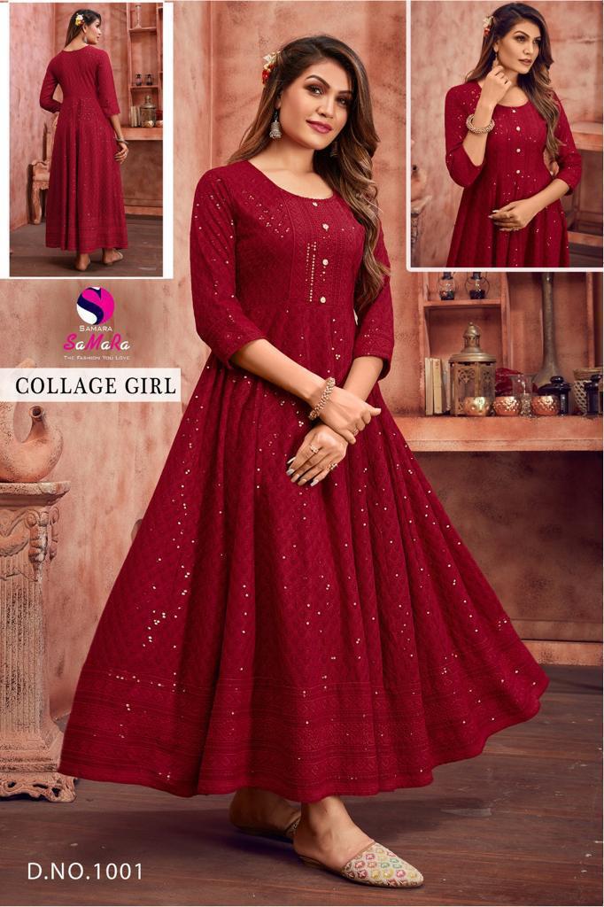 Samara College Girl D 1001 Maroon Rayon Shiffli Work Long Kurti Collection