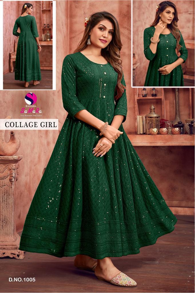 Samara College Girl D 1005 Green Rayon Shiffli Work Long Kurti Collection